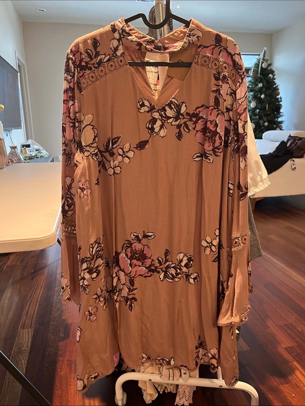 Altar'd State Taupe Floral Long Sleeve Dress with Pink Accents